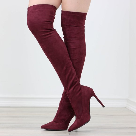 Wine Women's Thigh High Boots Faux Suede Pointed Toe Stilettos - Picture 2 of 15